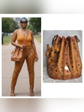 MCM Cognac Leather Drawstring Shoulder Crossbody Bucket Bag with Charm